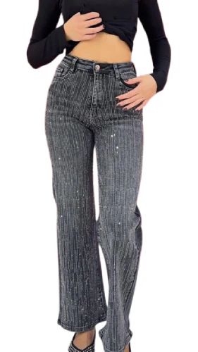 Denim nero con strass verticali all-over