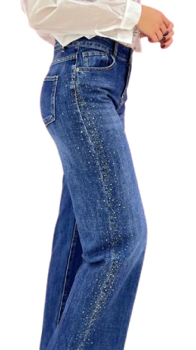 Jeans donna in denim blu con strass laterali | Vita alta e gamba dritta